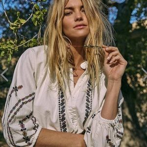 Festival White Denim Button Down w/ Embroidery